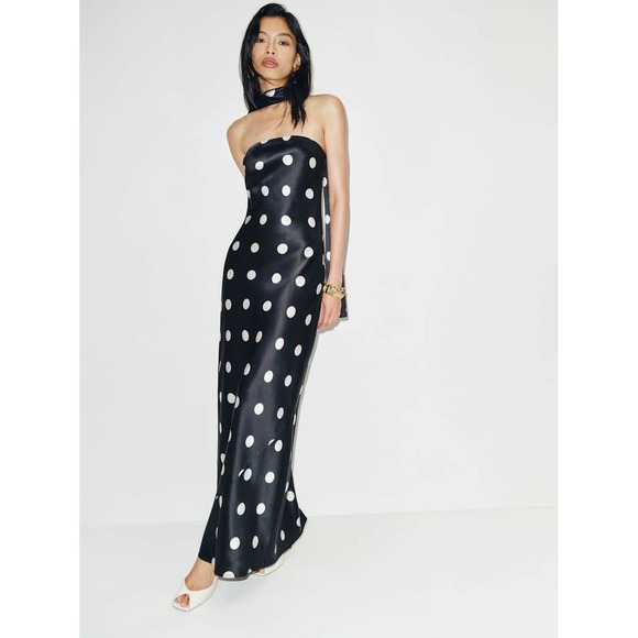 Reformation Dresses & Skirts - Reformation Oren Silk Dress Black White Polka Dot Scarf Neck Strapless Maxi NEW